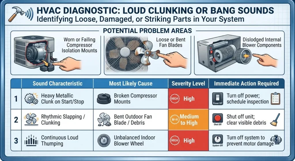 Infographic detailing HVAC diagnostic sounds and potential issues.