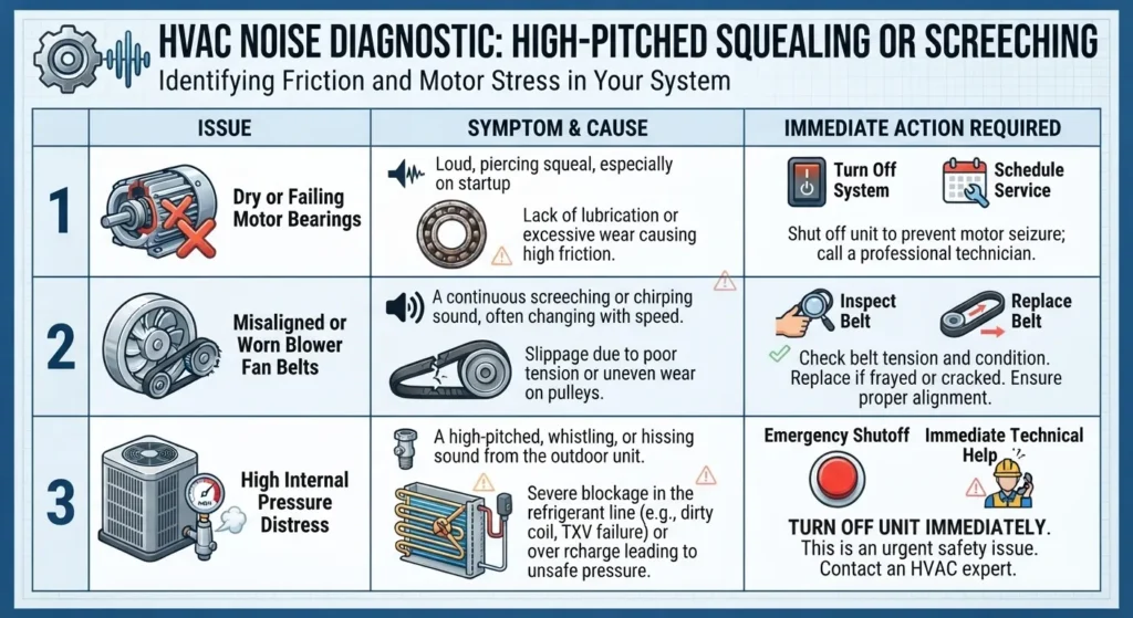 HVAC noise diagnostic chart for high-pitched squealing or screeching.