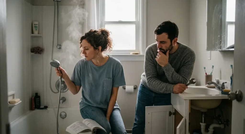 A concerned couple examining a showerhead and bathroom sink while investigating sudden low water pressure in shower.