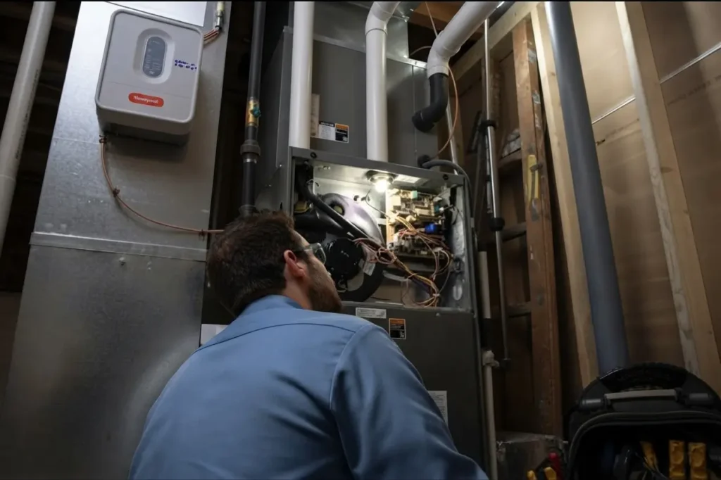 Technician inspecting a residential furnace in a basement.