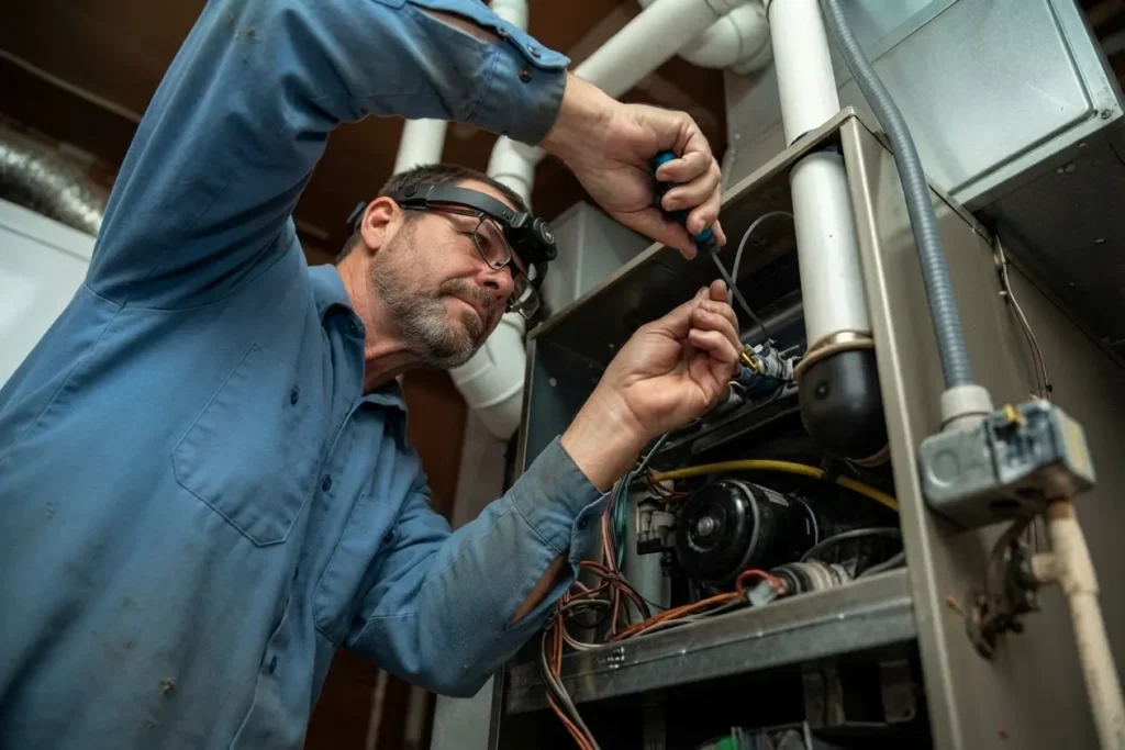 Technician repairing a furnace with tools in a basement.