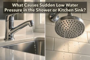 A split photo showing low water pressure dripping from a kitchen sink faucet and a showerhead, illustrating what causes sudden low water pressure in the shower.