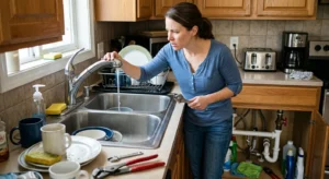 Woman fixing a leaky kitchen faucet while surrounded by dirty dishes.