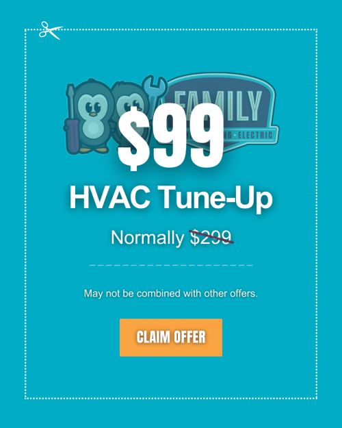 Coupon for HVAC Tune Up. Text overlay reads: '$99 HVAC Tune Up. Normally $299. May not be combined with other offers. Claim offer.' Keywords: Family Heating Cooling and Electric, Prevent Breakdowns, Enhance Indoor Air Quality, Extend System Lifespan, Save Money, Ensure Safety, HVAC Maintenance Near Me. Service areas: New Bedford, Fall River, Taunton, Dartmouth, Somerset, Fairhaven, Westport, Raynham, Acushnet, Seekonk, Swansea, Dighton, Rehoboth, North Dartmouth, South Dartmouth, East Taunton, Assonet, East Freetown, North Dighton, Berkley, Raynham Center, and Westport Point, MA.